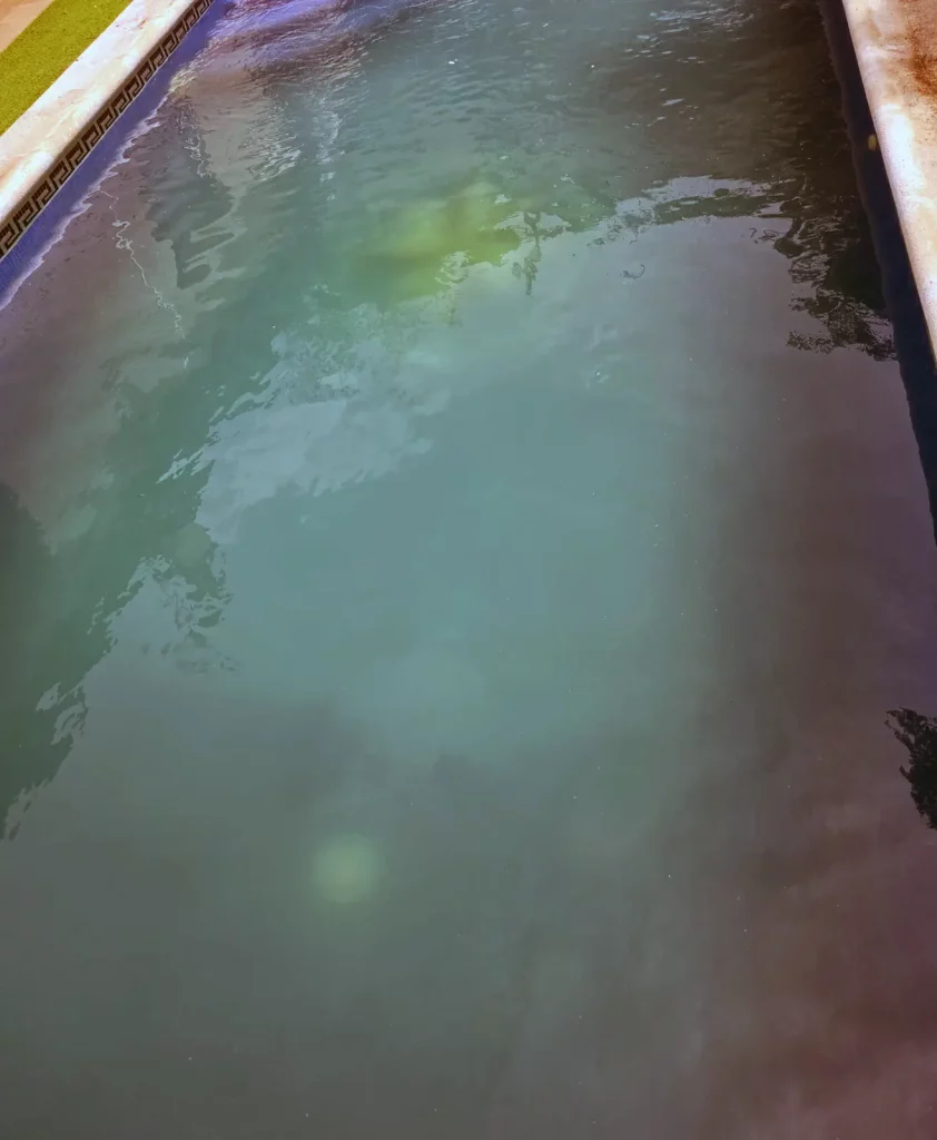 Piscina con agua turbia y algas antes del tratamiento.